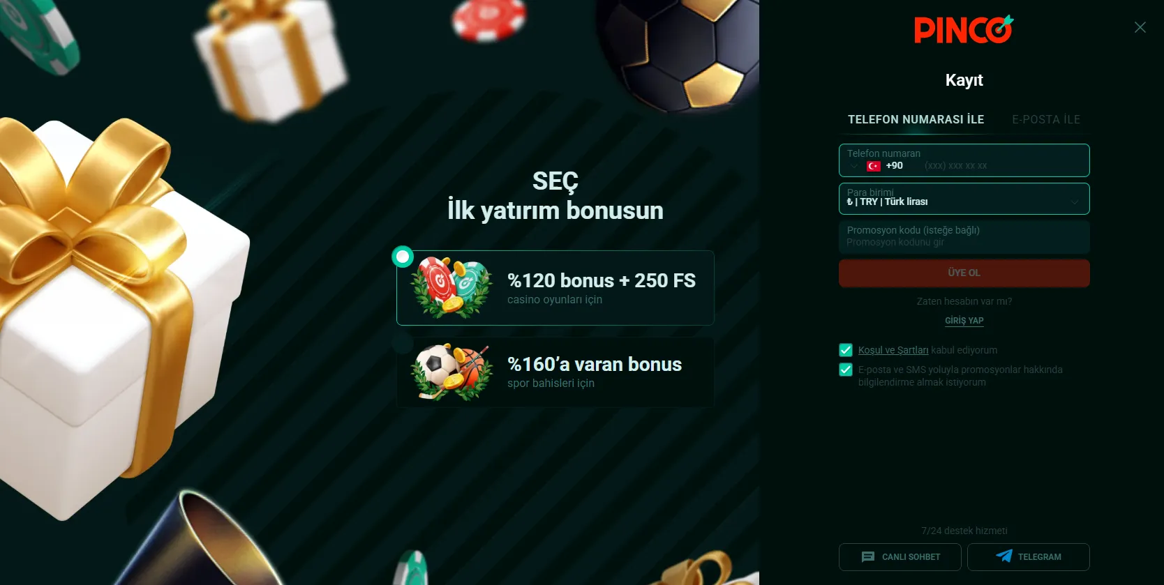 Pinco mobil ve çevrim içi erişim