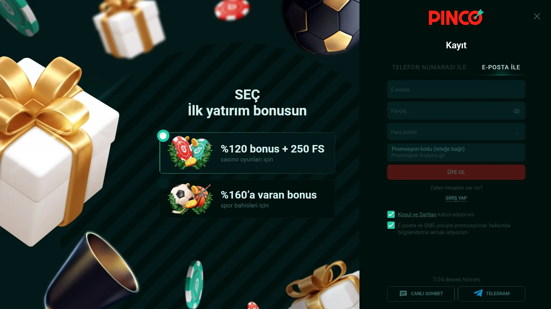 Pinco Casino kayıt ve giriş işlemleri